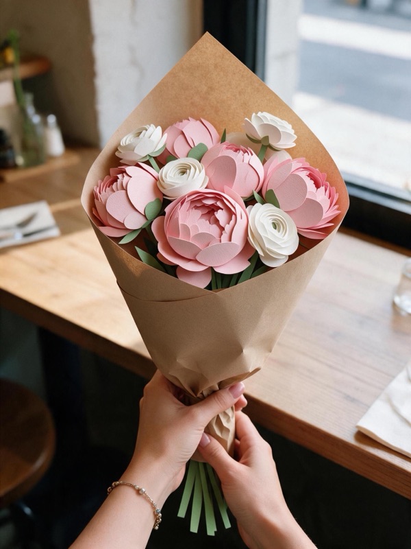 A peony bouquet turned into layered paper, held by real hands at a cafe table