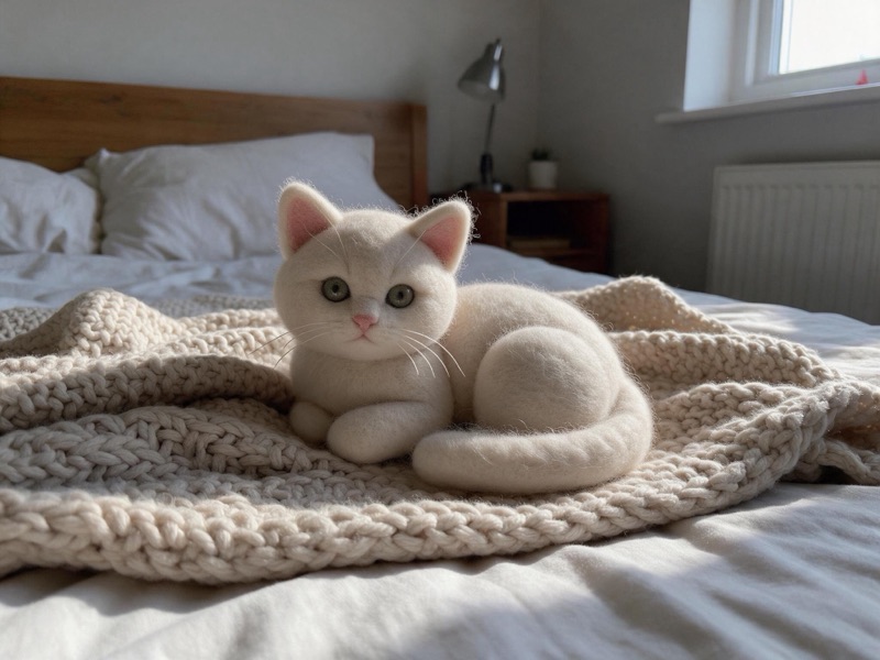 A kitten on a knit blanket turned into a needle-felt sculpture while the bed stays real