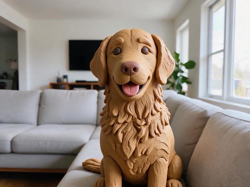 A golden retriever on a sofa, with only the dog turned into a clay sculpture