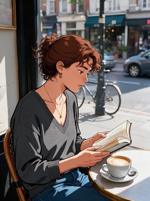A woman reading in a cafe, drawn as cel animation while the street stays photographic