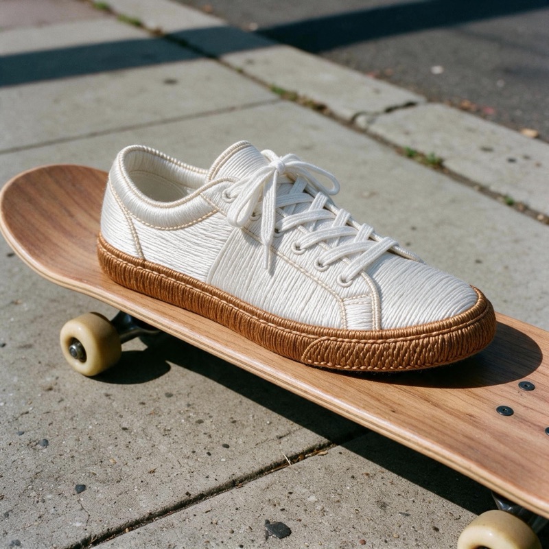 A canvas sneaker on a skateboard, turned into embroidery while the pavement stays real