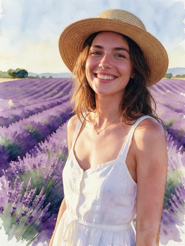 A woman in a sundress in a lavender field; the field and sky are watercolor while she stays photographic